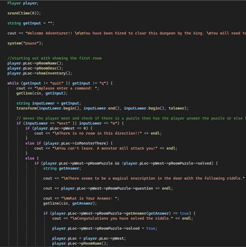 the first image of code for the main.cpp file of the zork project which starts the game loop